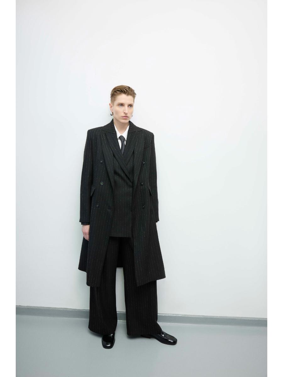 Striped Long Double-Breasted Coat Black
