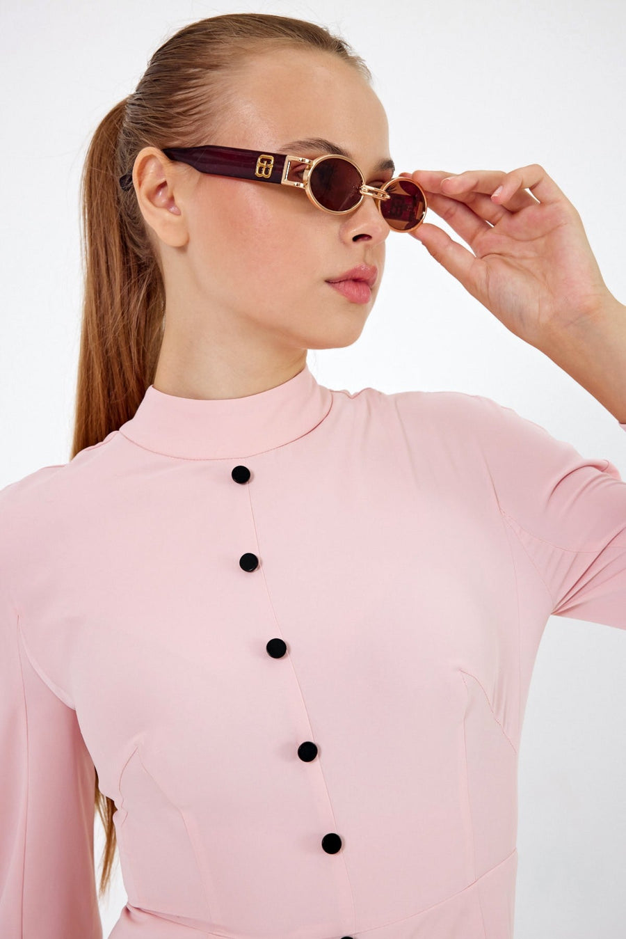 Sarah Long Mock Neck Pink Dress
