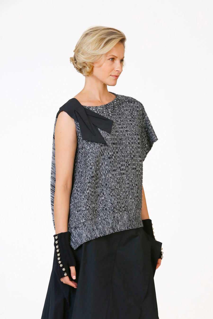 Ruched Shoulder Knit with Taffeta Detail Gray  - Porterist 2