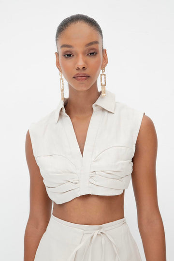 Beige Linen Crop Blouse  - Porterist 3