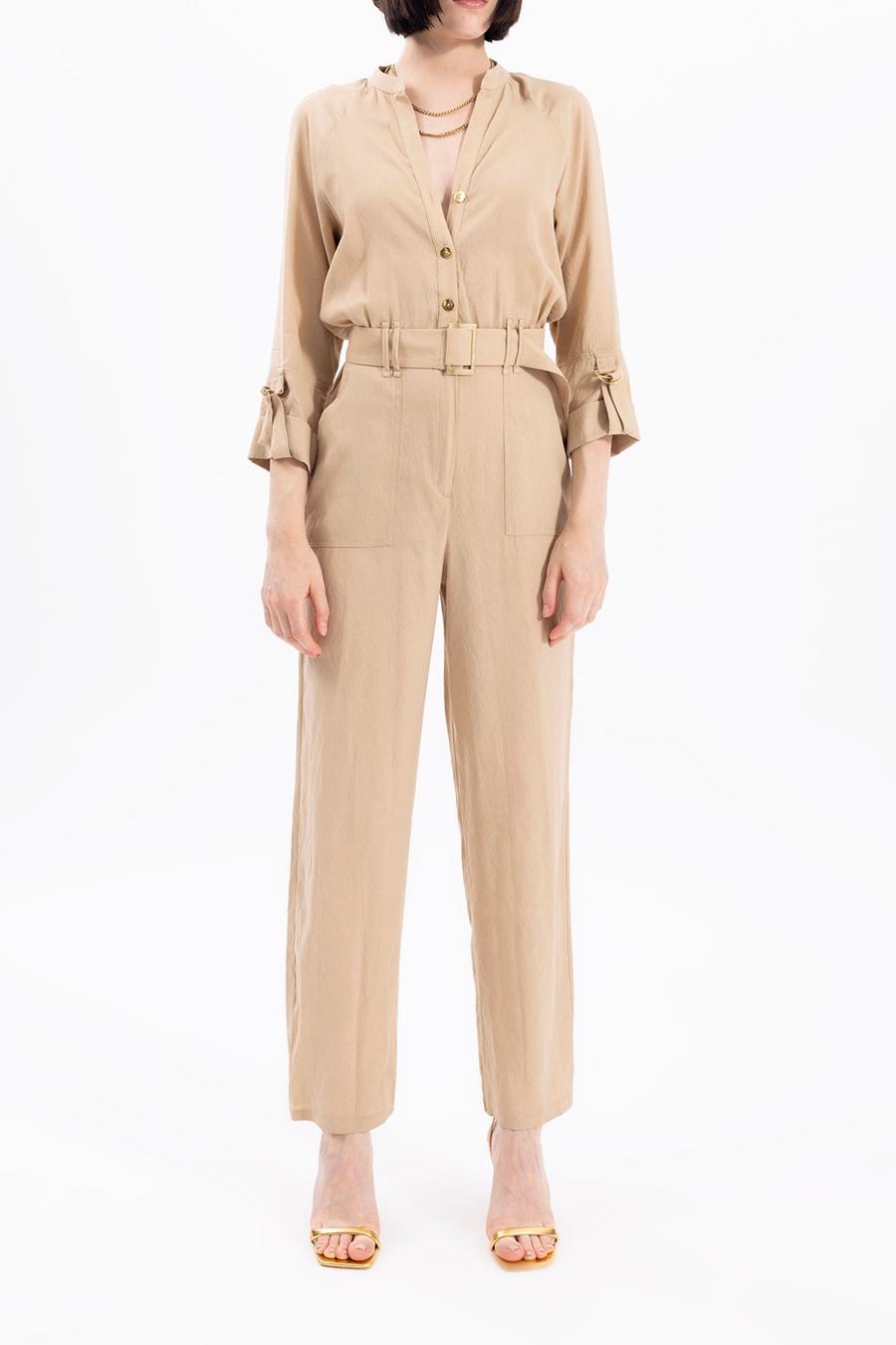 Beige Three Quarter Sleeve Waist:ted Jumpsuit  - Porterist 4