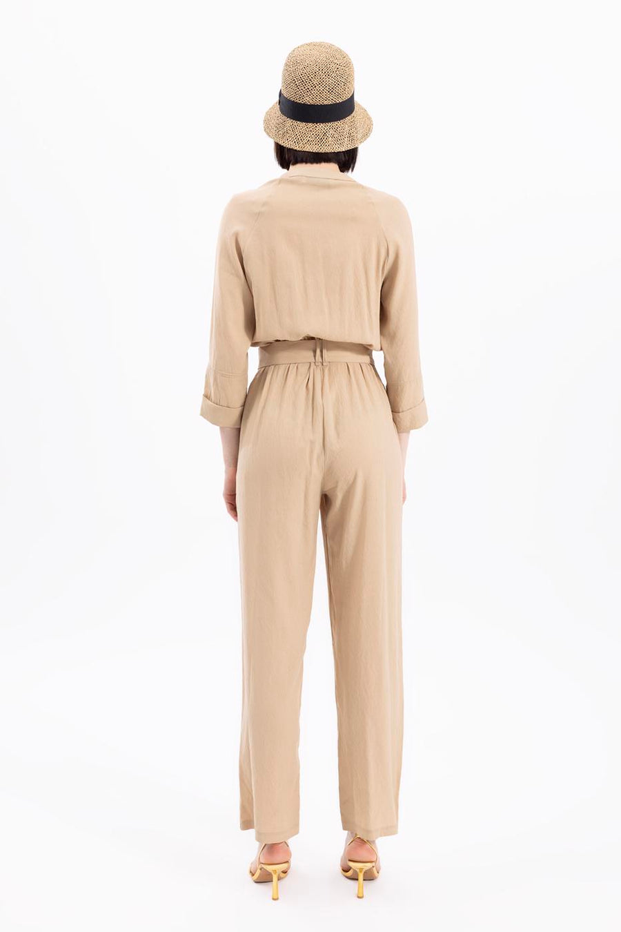 Beige Three Quarter Sleeve Waist:ted Jumpsuit