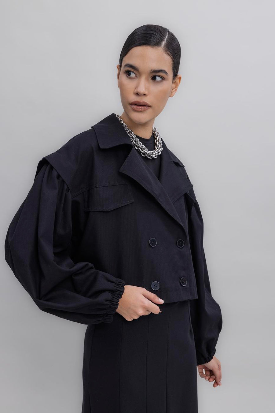 Black Balloon Sleeve Short Trench Coat  - Porterist 3