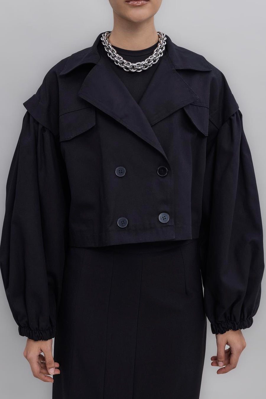 Black Balloon Sleeve Short Trench Coat  - Porterist 4