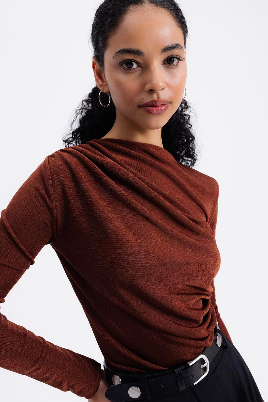 Brown Draped Boat Neck Blouse  - Porterist 2