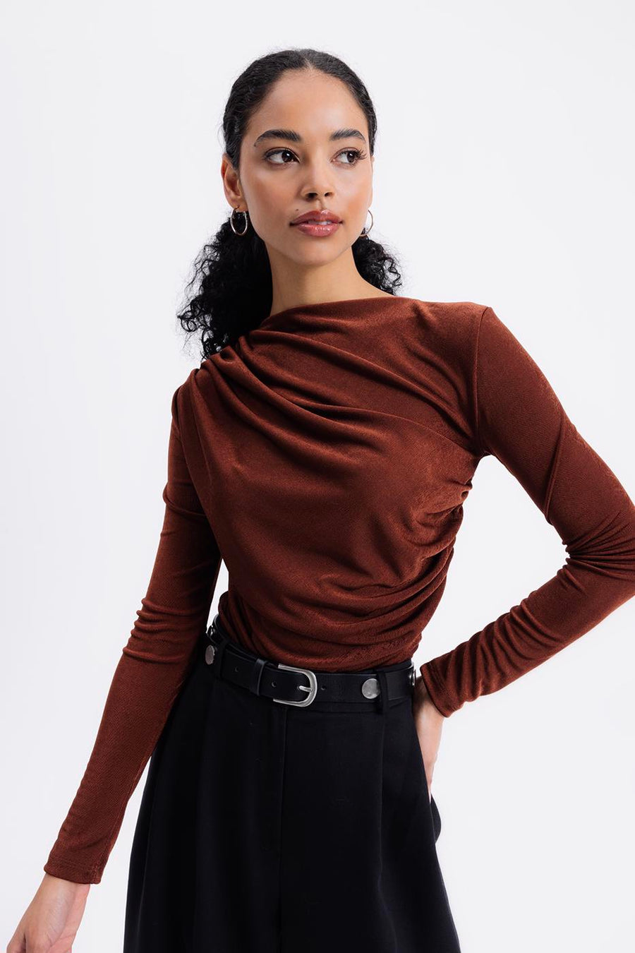 Brown Draped Boat Neck Blouse  - Porterist 3