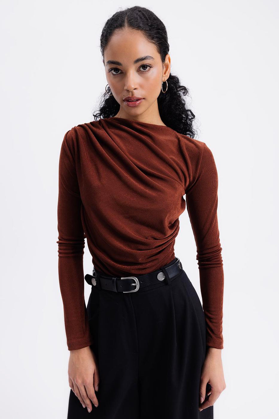 Brown Draped Boat Neck Blouse  - Porterist 4