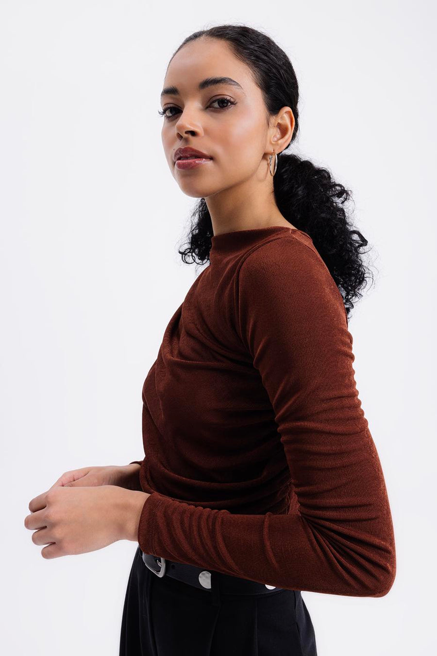Brown Draped Boat Neck Blouse  - Porterist 5