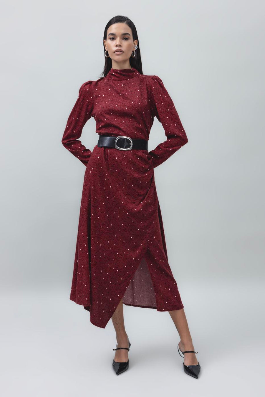 Burgundy High Collar Detailed Midi Dress  - Porterist 1