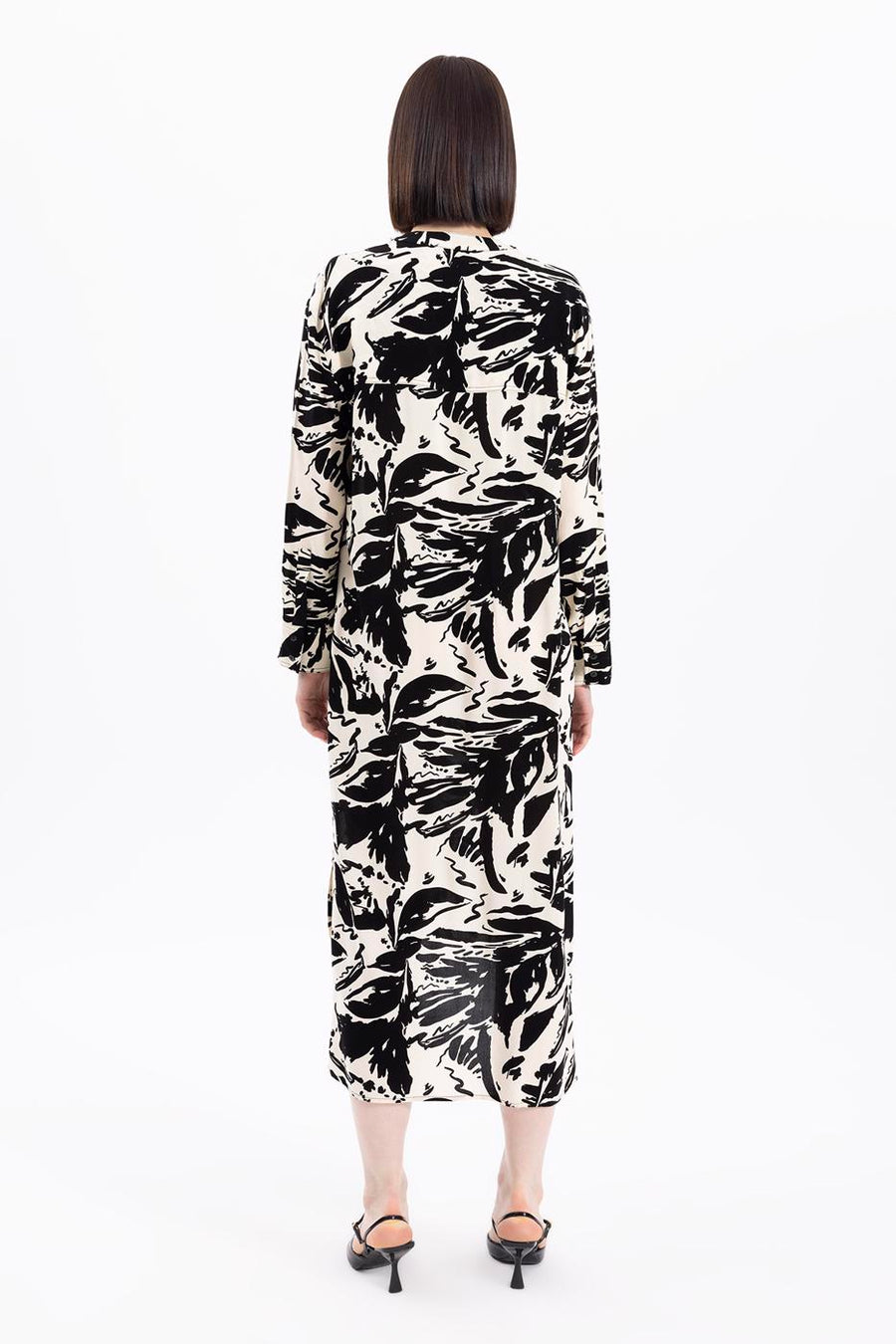 Cream Long Sleeve Patterned Tunic Dress