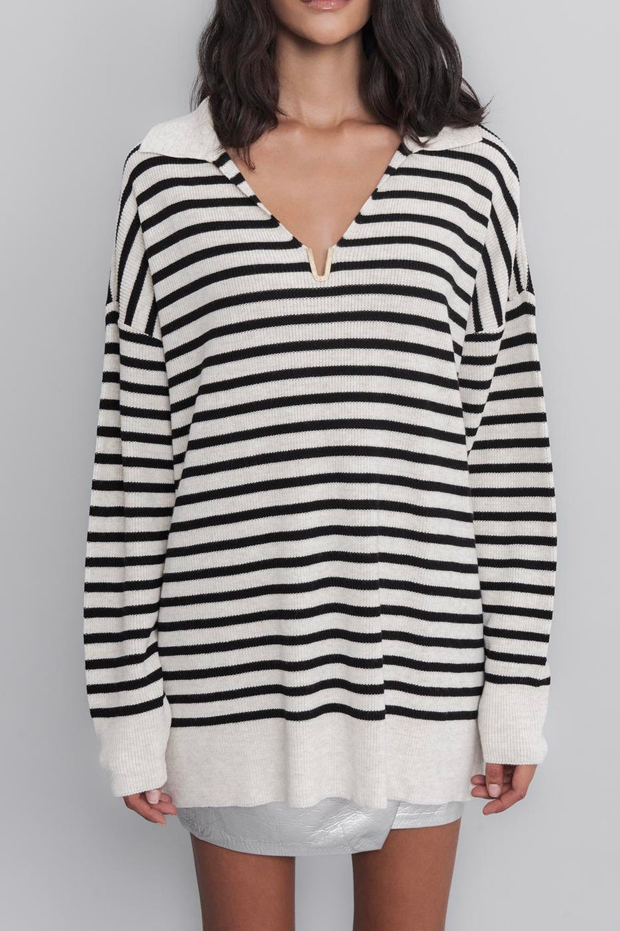 Ecru Striped Collar Knitted Sweater  - Porterist 4