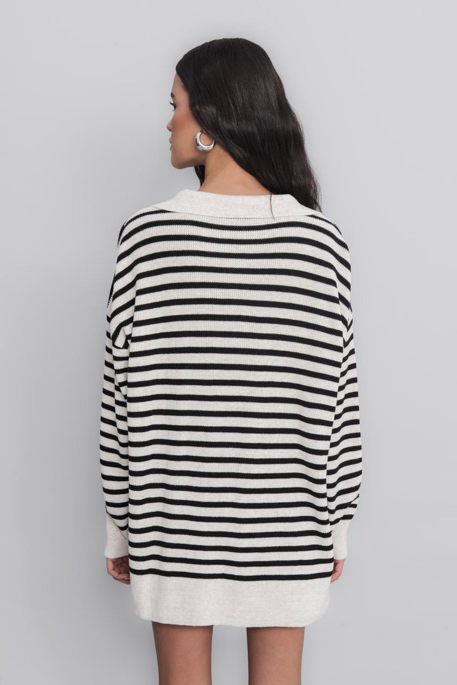 Ecru Striped Collar Knitted Sweater