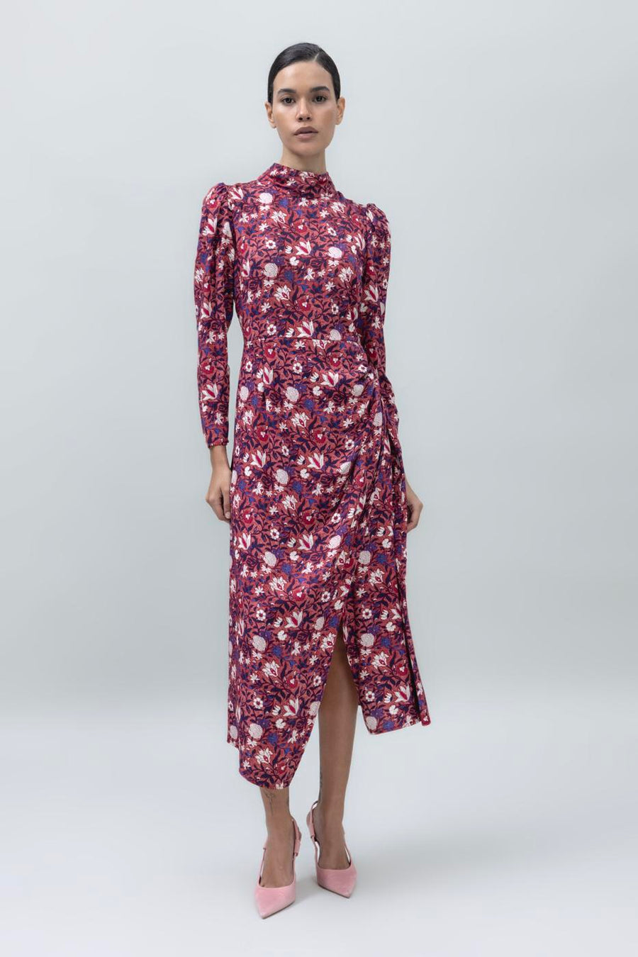 Gold Dusty Rose High Collar Detailed Midi Dress  - Porterist 1