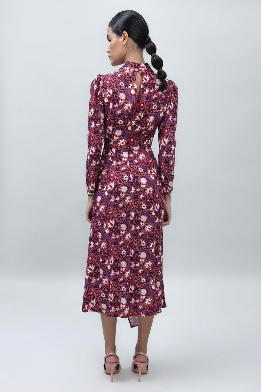 Gold Dusty Rose High Collar Detailed Midi Dress