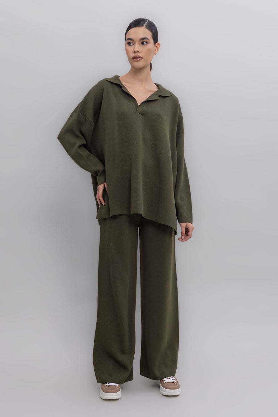 Khaki Wide Leg Knitted Pant  - Porterist 3