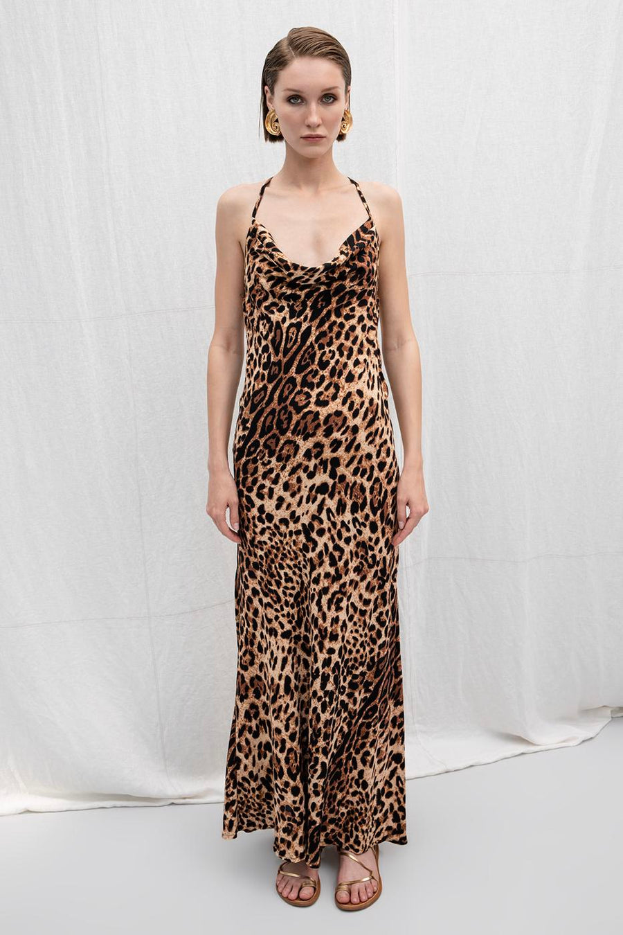 Leopard Cowl Neck Strappy Maxi Dress