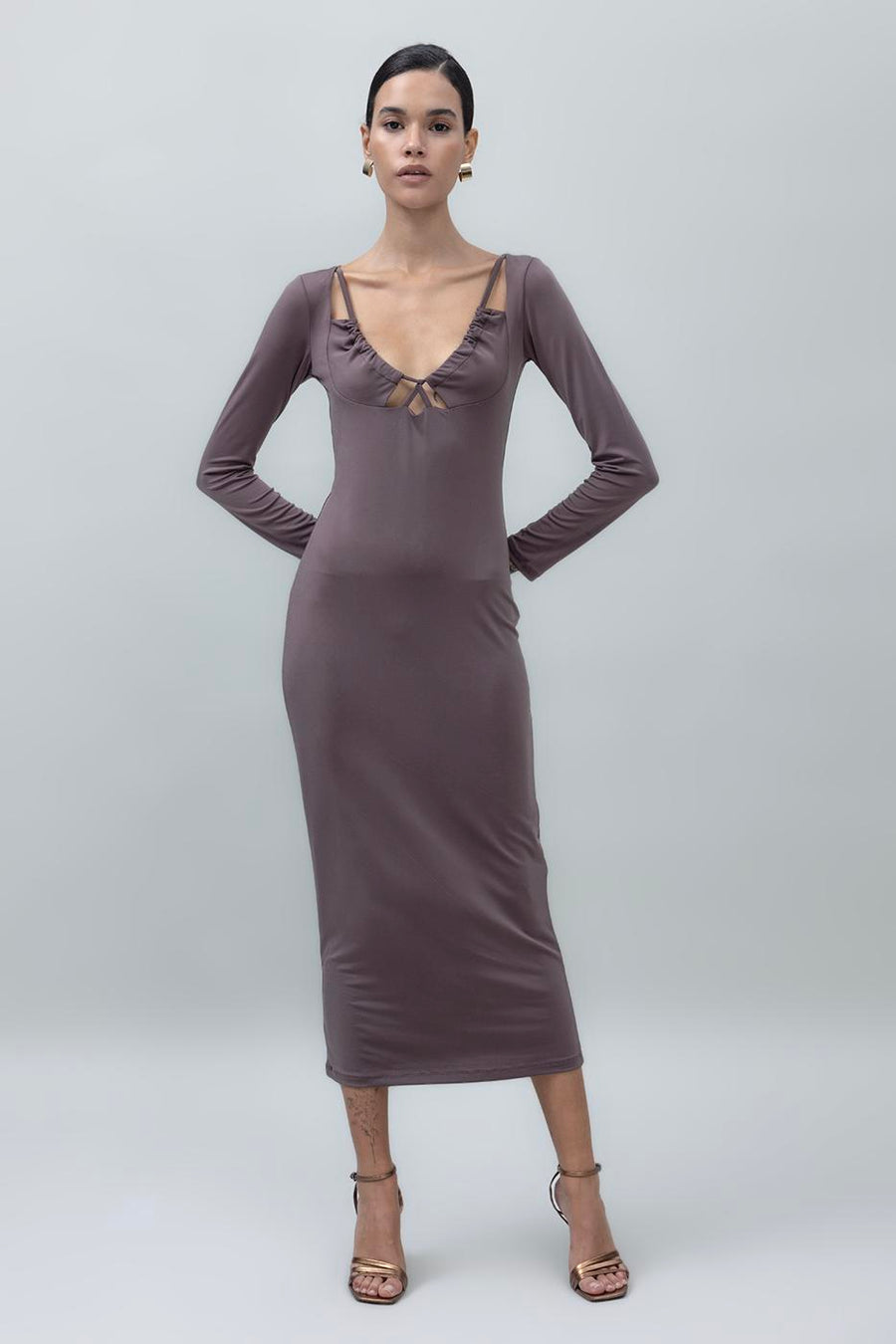 Mink Deep Neck Low Cut Midi Pencil Dres  - Porterist 3