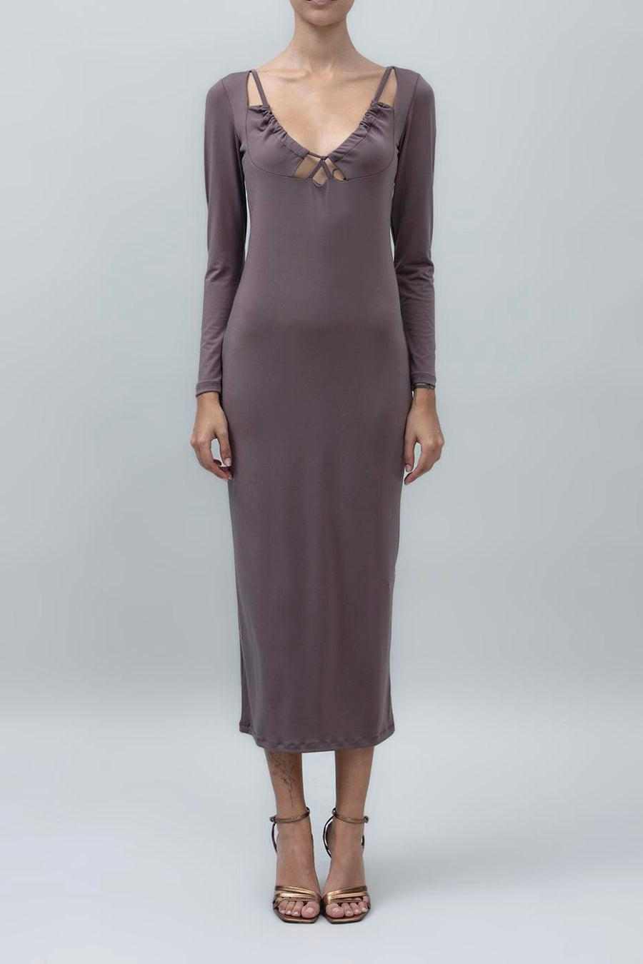 Mink Deep Neck Low Cut Midi Pencil Dres  - Porterist 4