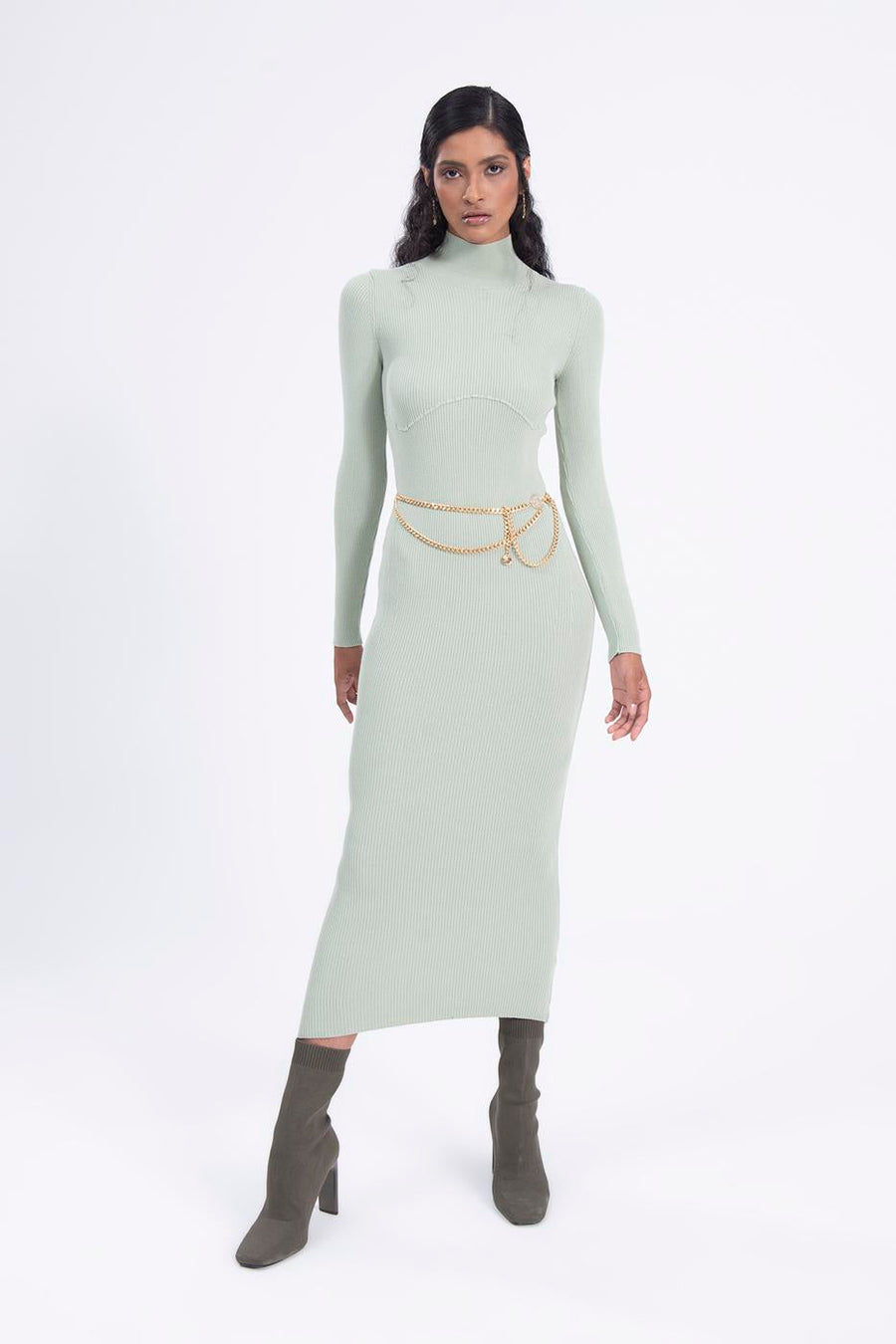 Mint Stand Collar Knitted Pencil Dres  - Porterist 1