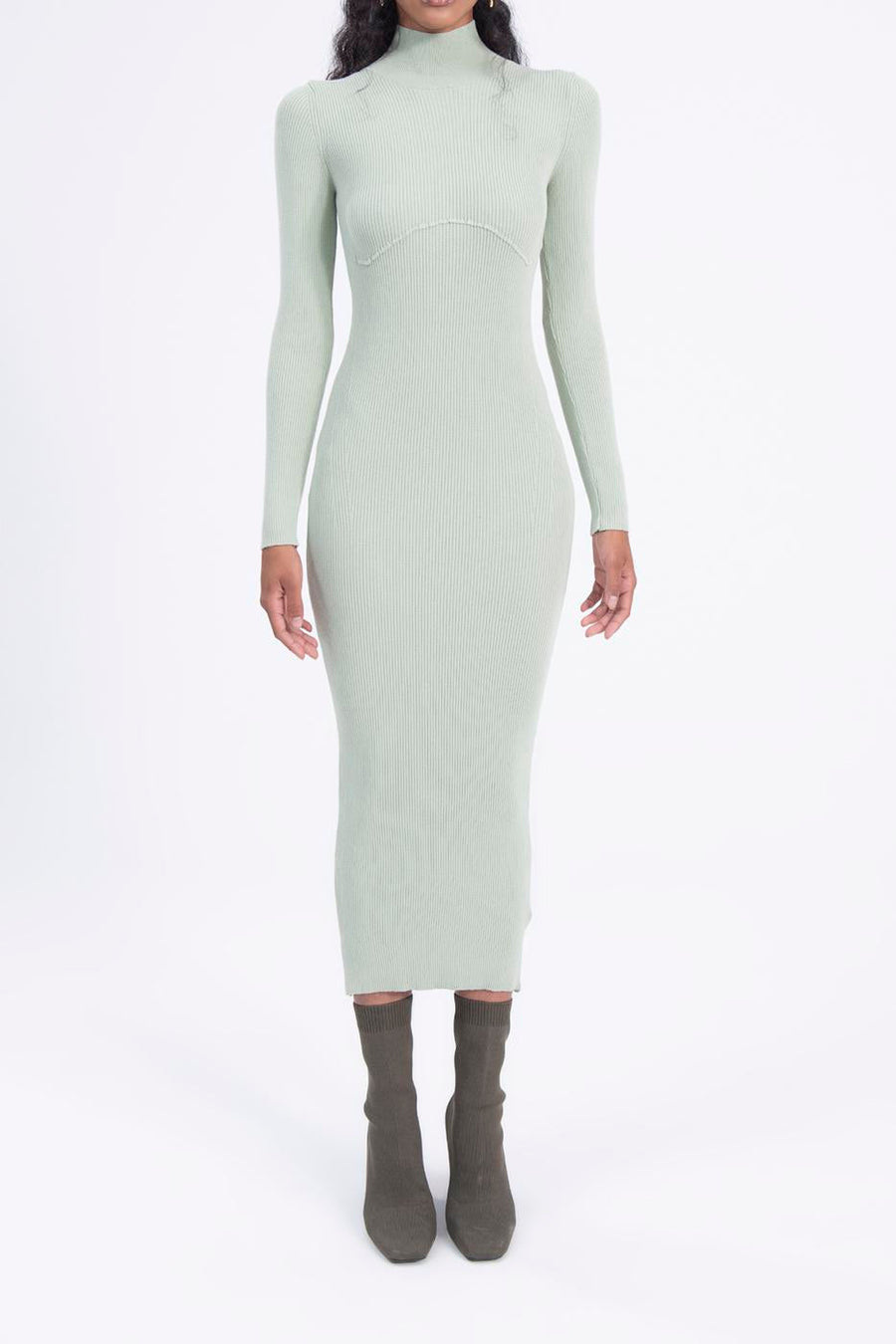 Mint Stand Collar Knitted Pencil Dres  - Porterist 2