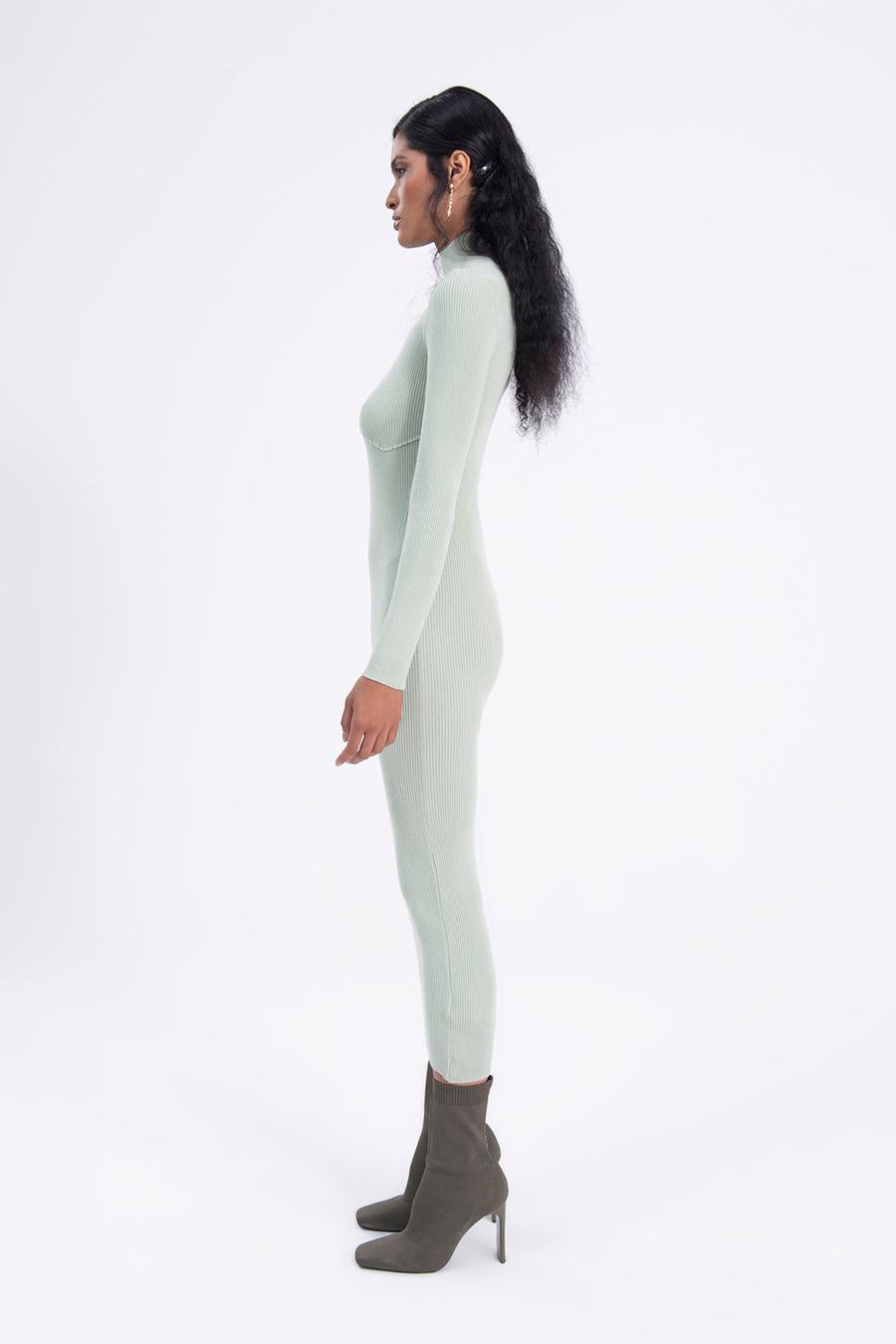 Mint Stand Collar Knitted Pencil Dres  - Porterist 4