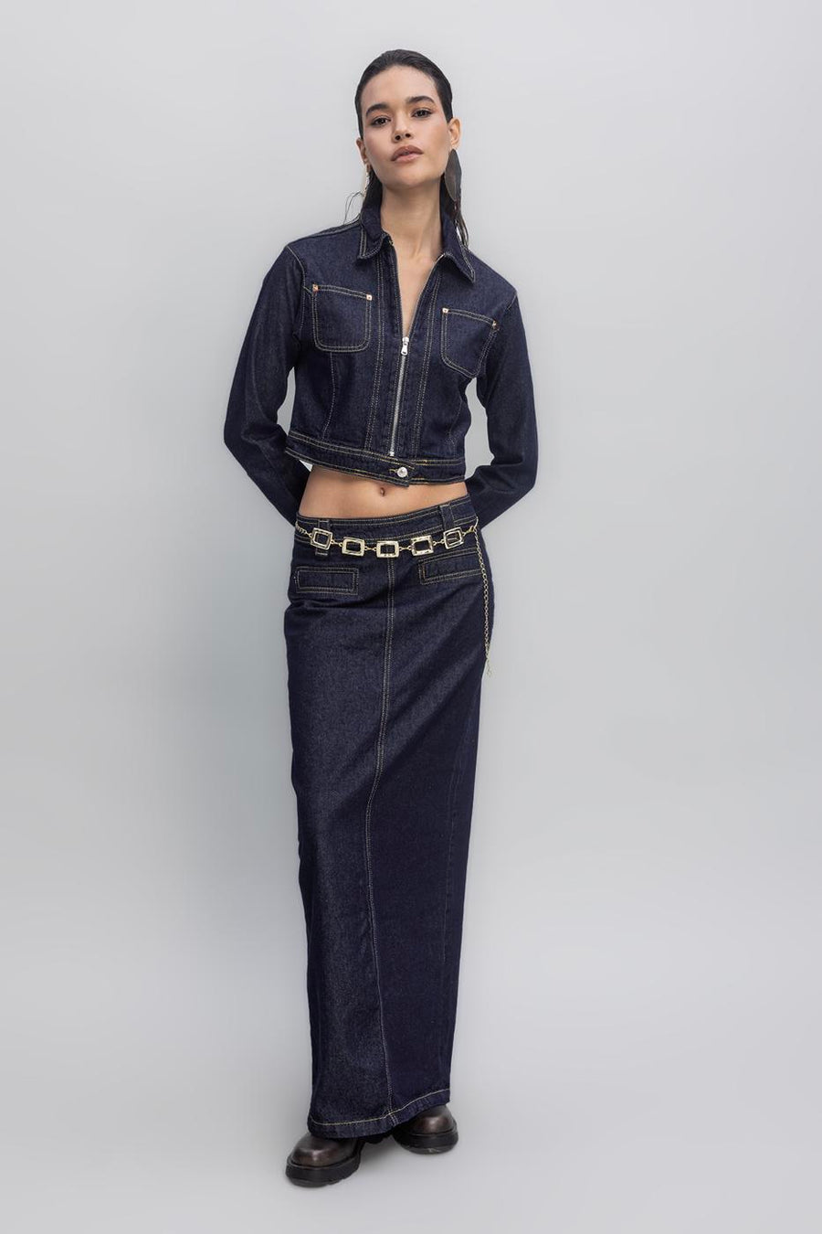Navy Blue Contrast Stitching Detailed Maxi Denim Skirt  - Porterist 3