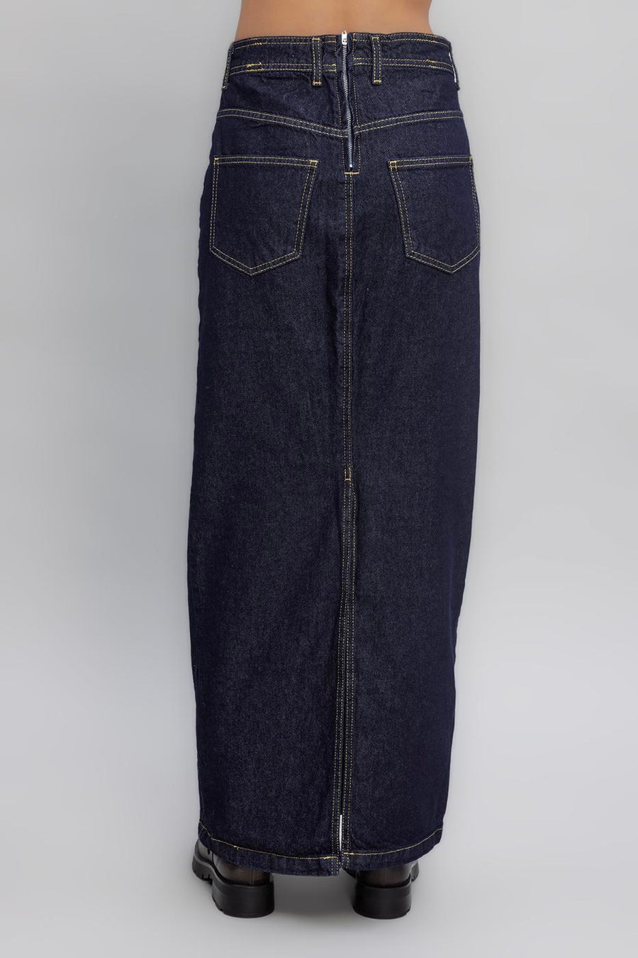Navy Blue Contrast Stitching Detailed Maxi Denim Skirt