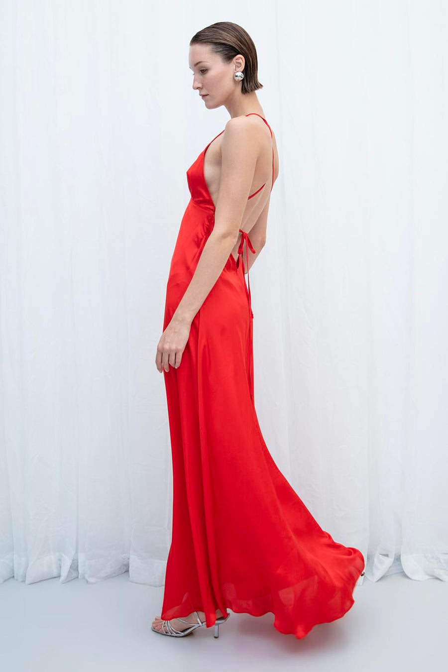 Red Strappy Satin Maxi Dress