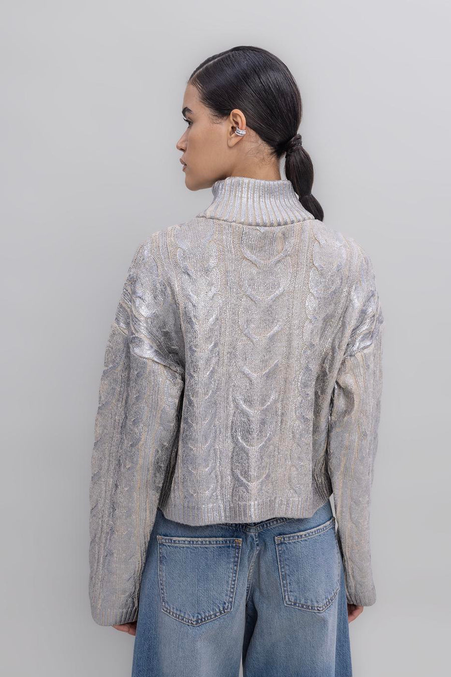Silver Foil Printed Turtleneck Sweater