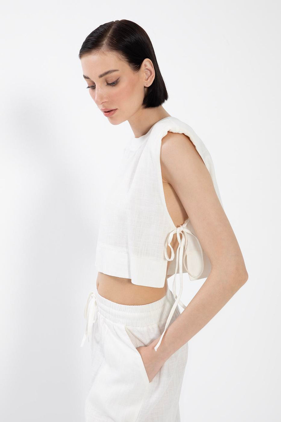 White Linen Side Tie Crop Blouse  - Porterist 3