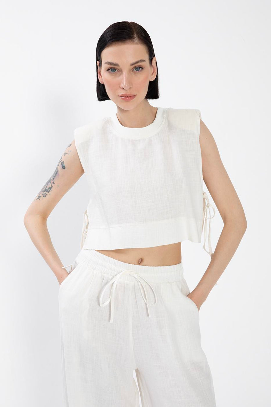 White 100% Linen Side Tie Crop Blouse