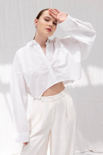 White Oversized Poplin Crop Shirt  - Porterist 3