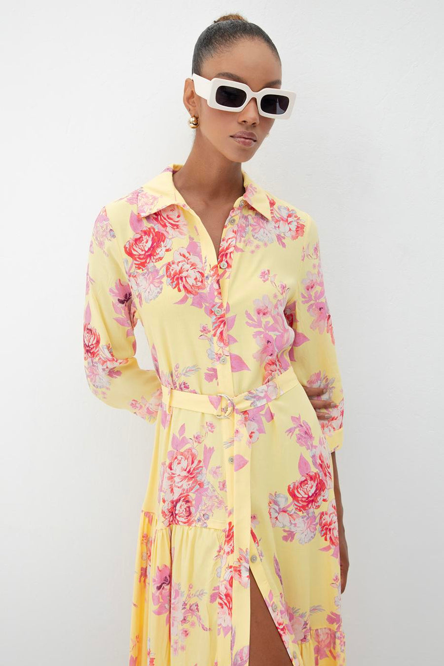Yellow Three Quarter Sleeve Floral Shirt Dress