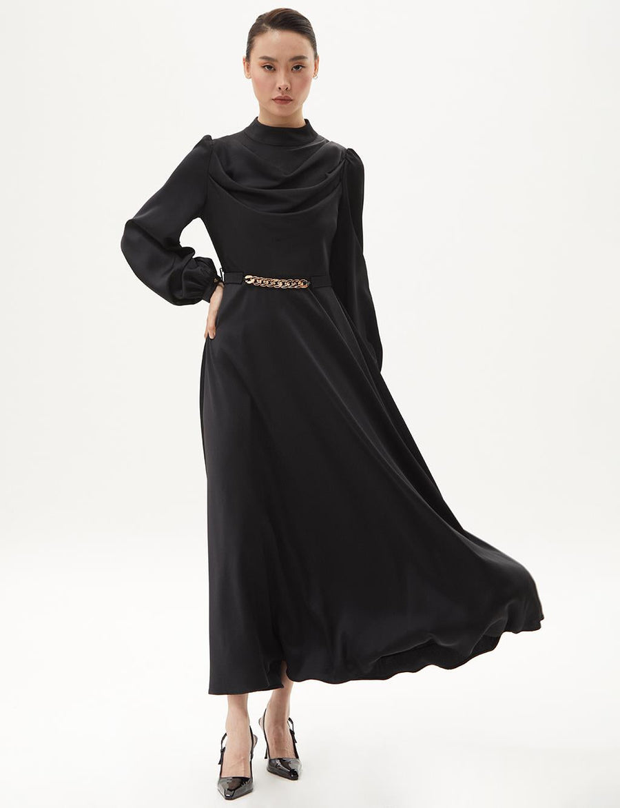 Belt Detailed Stylish Dress Black Fınal Item - Porterist 3