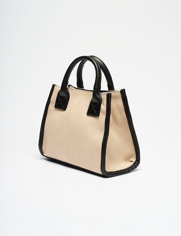 Leather Mix Tote Bag Beige-Black