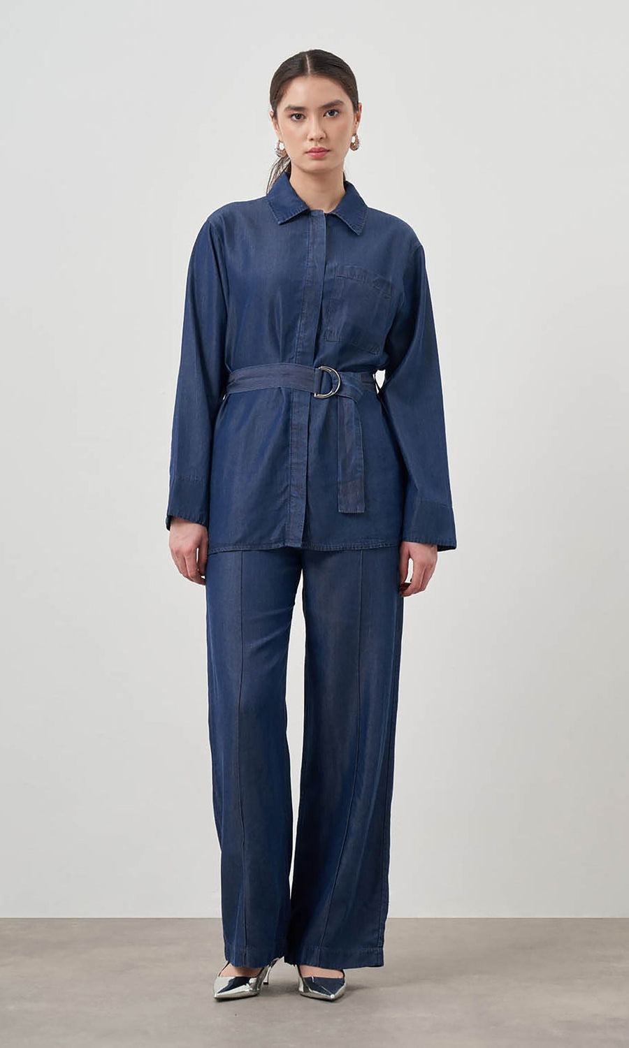 Mizalle Denim Belted Blouse Indigo Apparel Indigo M 