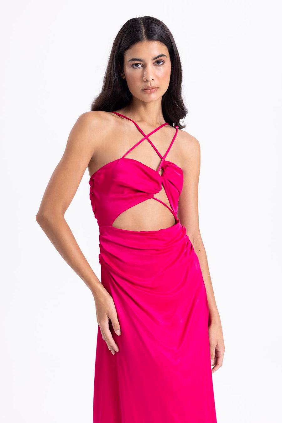 Dark Fuchsia Cross Strap Satin Dress  - Porterist 2