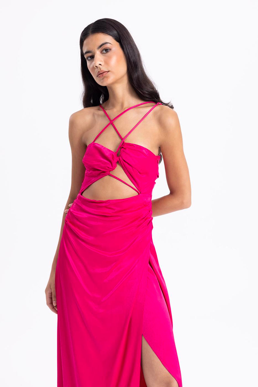 Dark Fuchsia Cross Strap Satin Dress  - Porterist 1