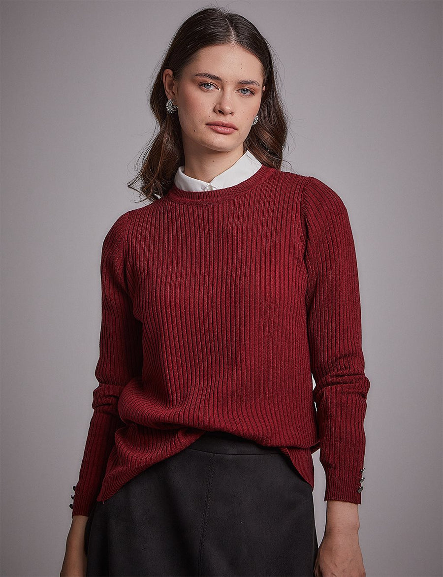 Crewneck Ribbed Knitwear Blouse Claret Red