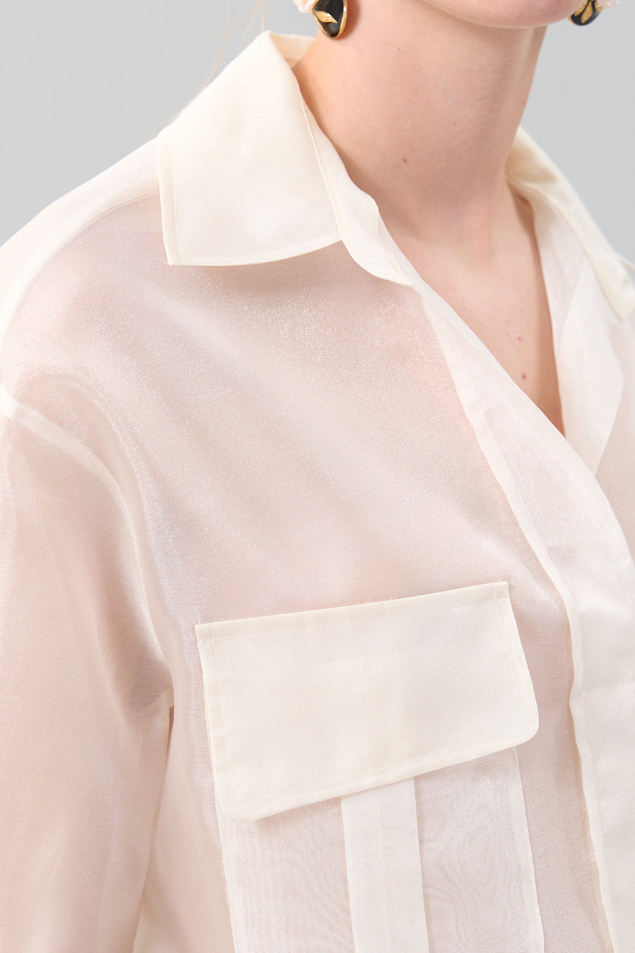 Double Pocket Long Sleeve Organza Shirt Vanilla