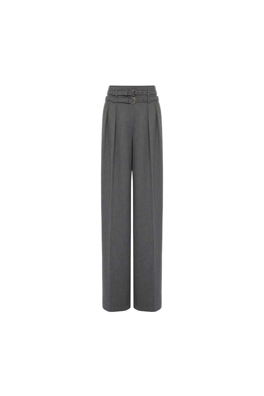 Pleated Wide Leg Gray Trousers with Double Belt Detail