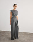 Pleated Wide Leg Gray Trousers with Double Belt Detail