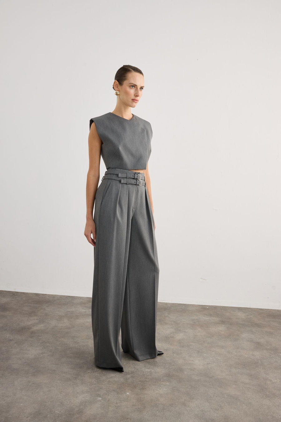 Pleated Wide Leg Gray Trousers with Double Belt Detail