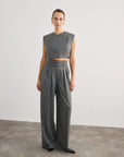 Pleated Wide Leg Gray Trousers with Double Belt Detail