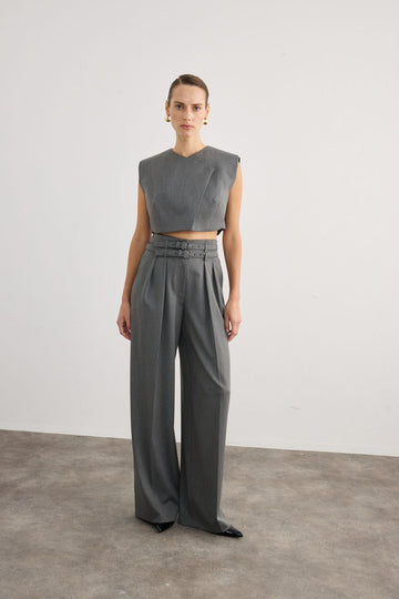 Pleated Wide Leg Gray Trousers with Double Belt Detail