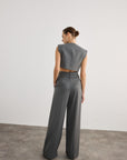 Pleated Wide Leg Gray Trousers with Double Belt Detail