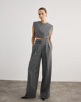 Pleated Wide Leg Gray Trousers with Double Belt Detail