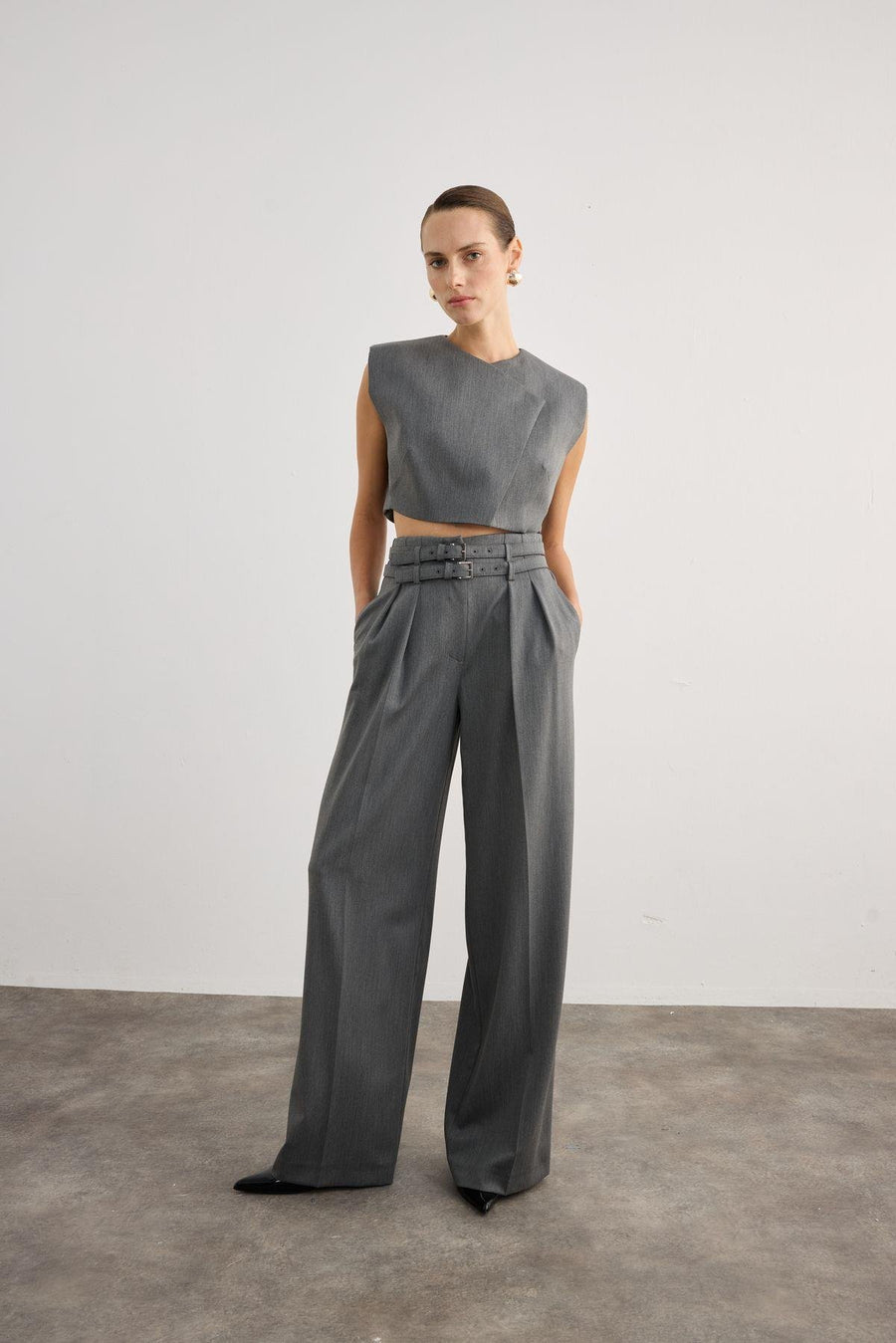 Pleated Wide Leg Gray Trousers with Double Belt Detail