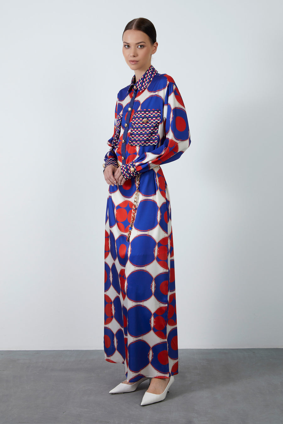 Long Patterned Dress With Removable Chain Belt Detail And Gold Buttons Fınal Item - Porterist 1
