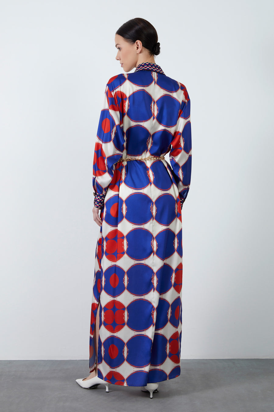 Long Patterned Dress With Removable Chain Belt Detail And Gold Buttons Fınal Item - Porterist 4